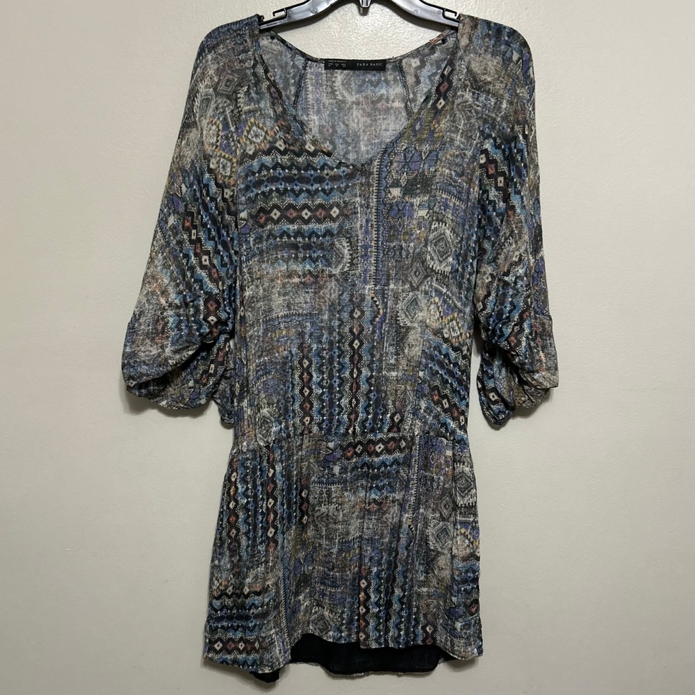 Zara Dress M Blue Colorful Lined Tunic Boho Geometric V-Neck 3/4 Sleeves Peasant
